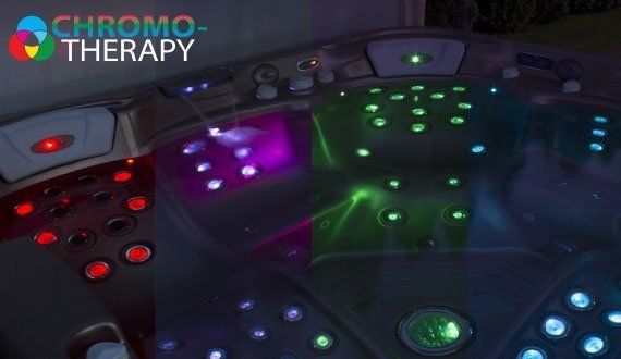 Hot tub with colorful, illuminated jets and