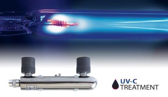 UV-C water treatment device with a glowing blue light emitted from a tube.