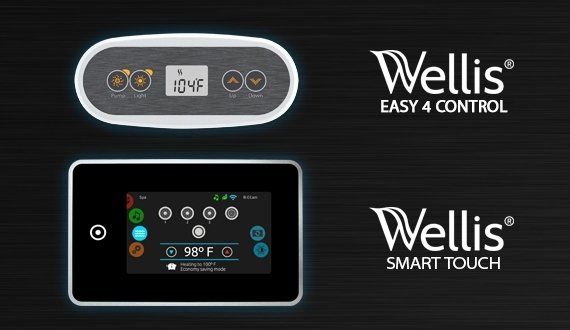 Two spa control panels: one with buttons and display (104°F), the other a touch screen with icons.
