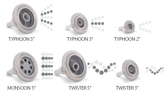 Different types of spa jets with varying sizes and spray patterns: Typhoon, Monsoon, and Twister.