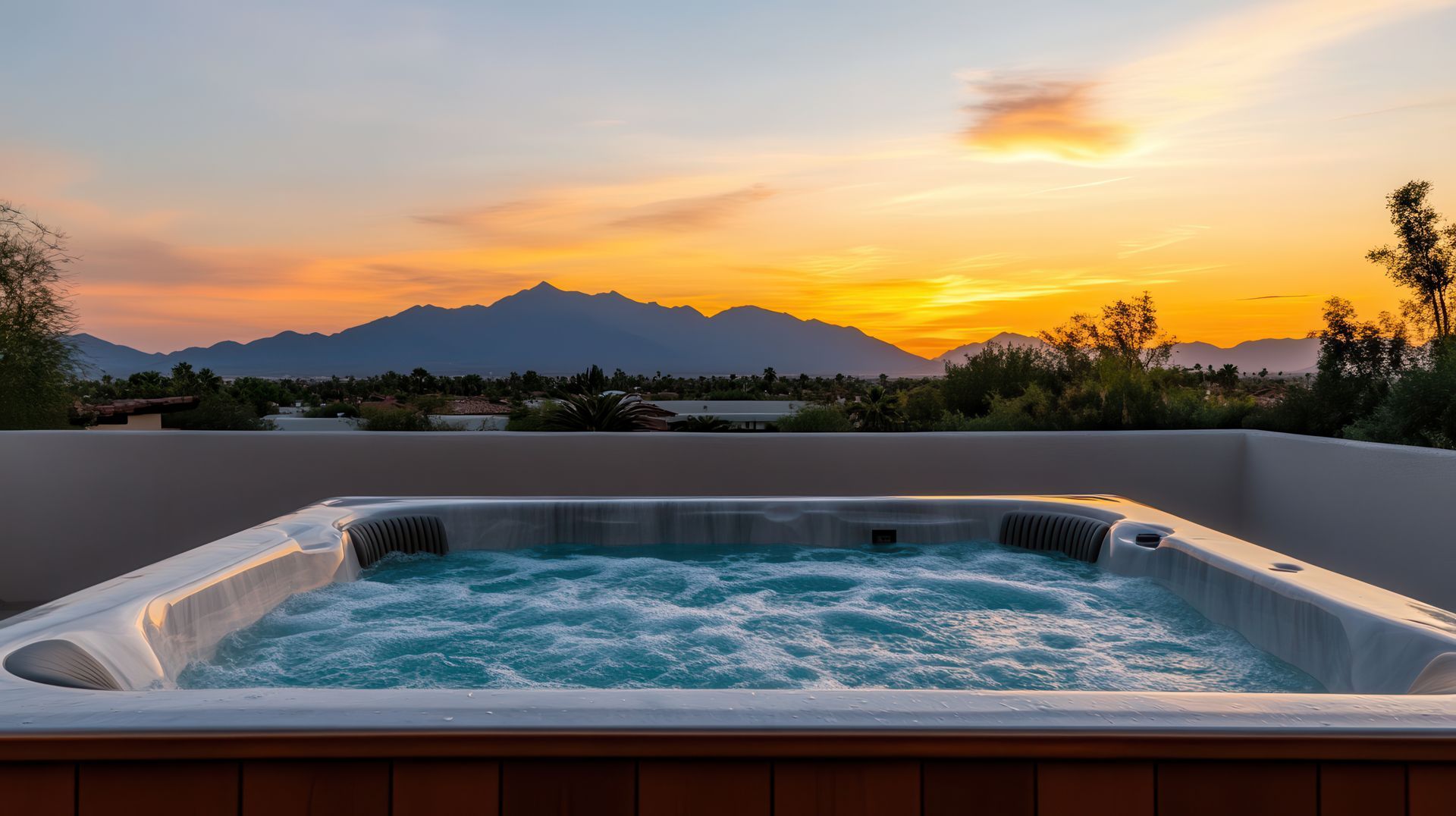 Premium hot tub experience with bubbling water and picturesque mountain scenery.