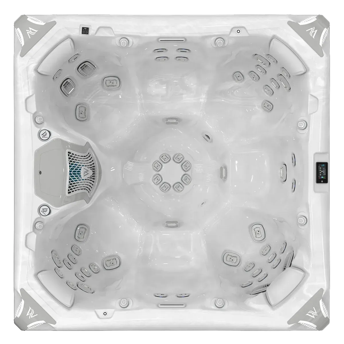 Overhead view of a white, square hot tub with multiple seating areas and jets.