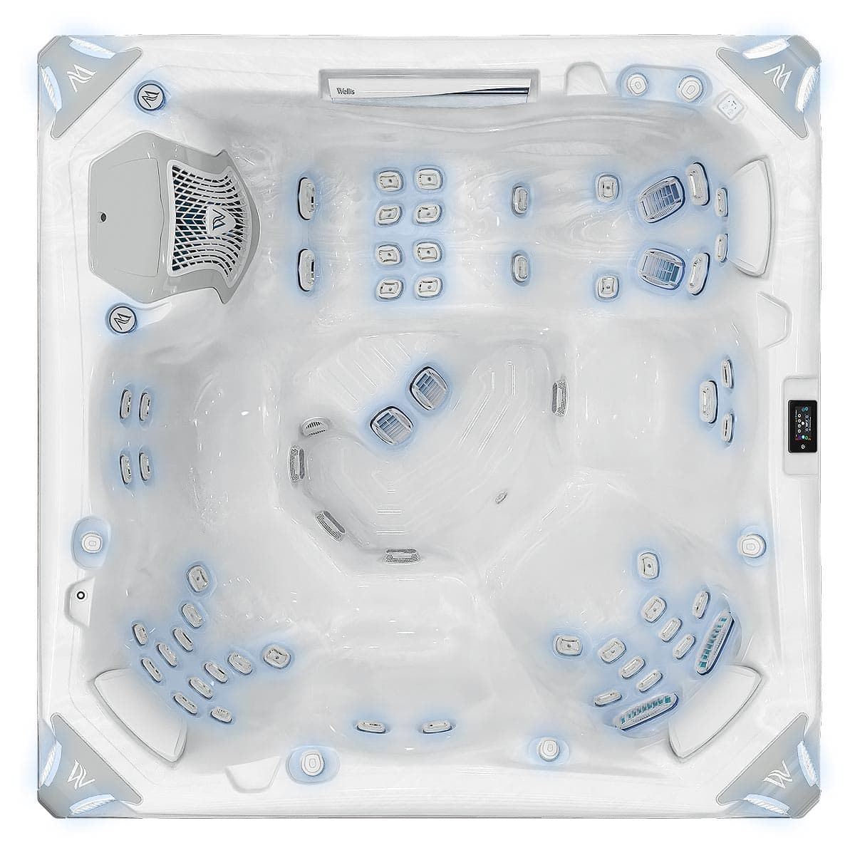 Top-down view of a white hot tub with numerous jets, seats, and controls, likely for relaxation and hydrotherapy.