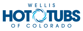 Wellis Hot Tubs of Colorado logo: blue text and swirl design.