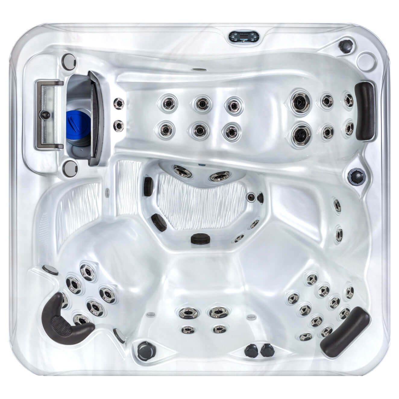 Top-down view of a white, square hot tub with multiple molded seats, headrests, and integrated water jets.
