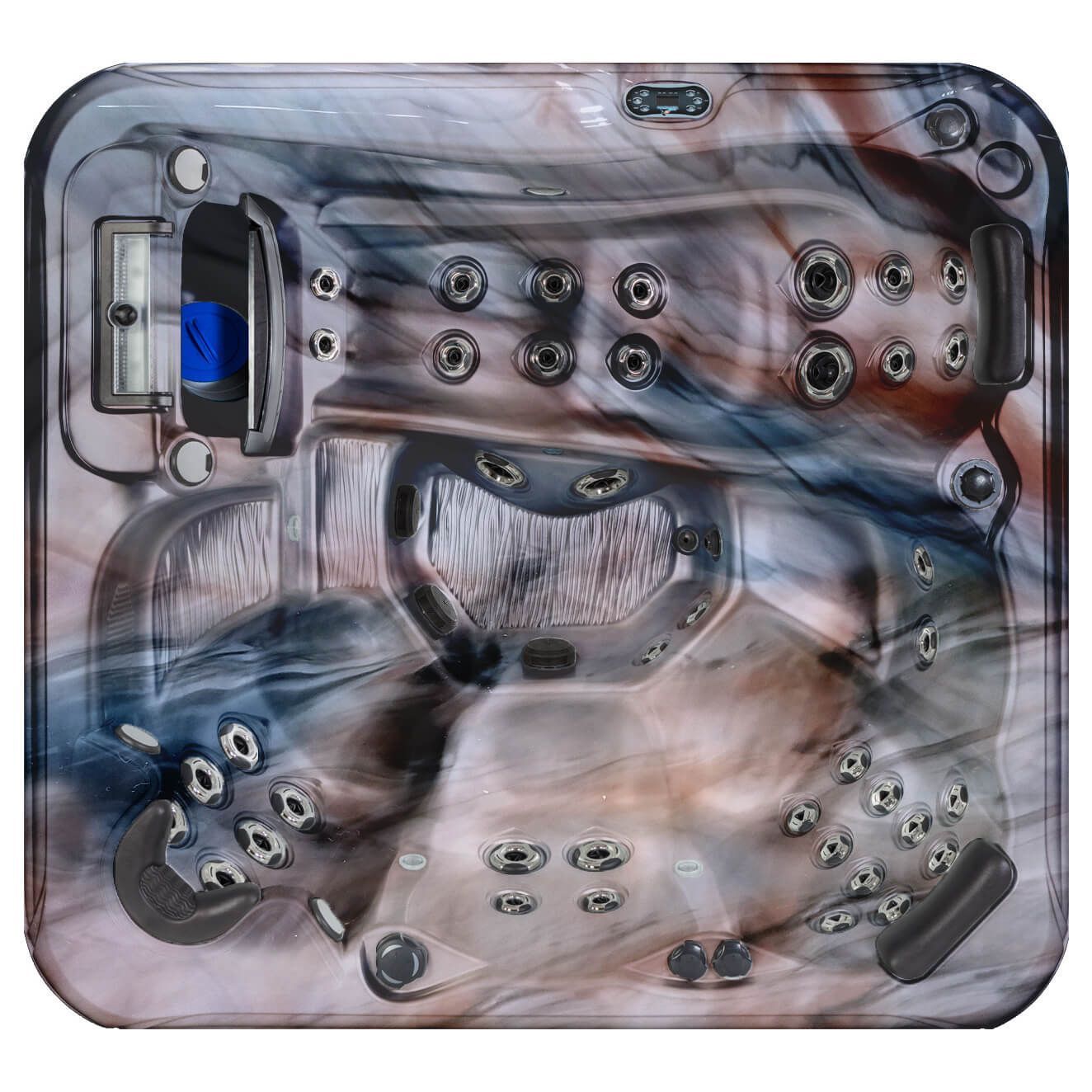 A square, marbled blue and beige hot tub with built-in seats and various silver water jets.