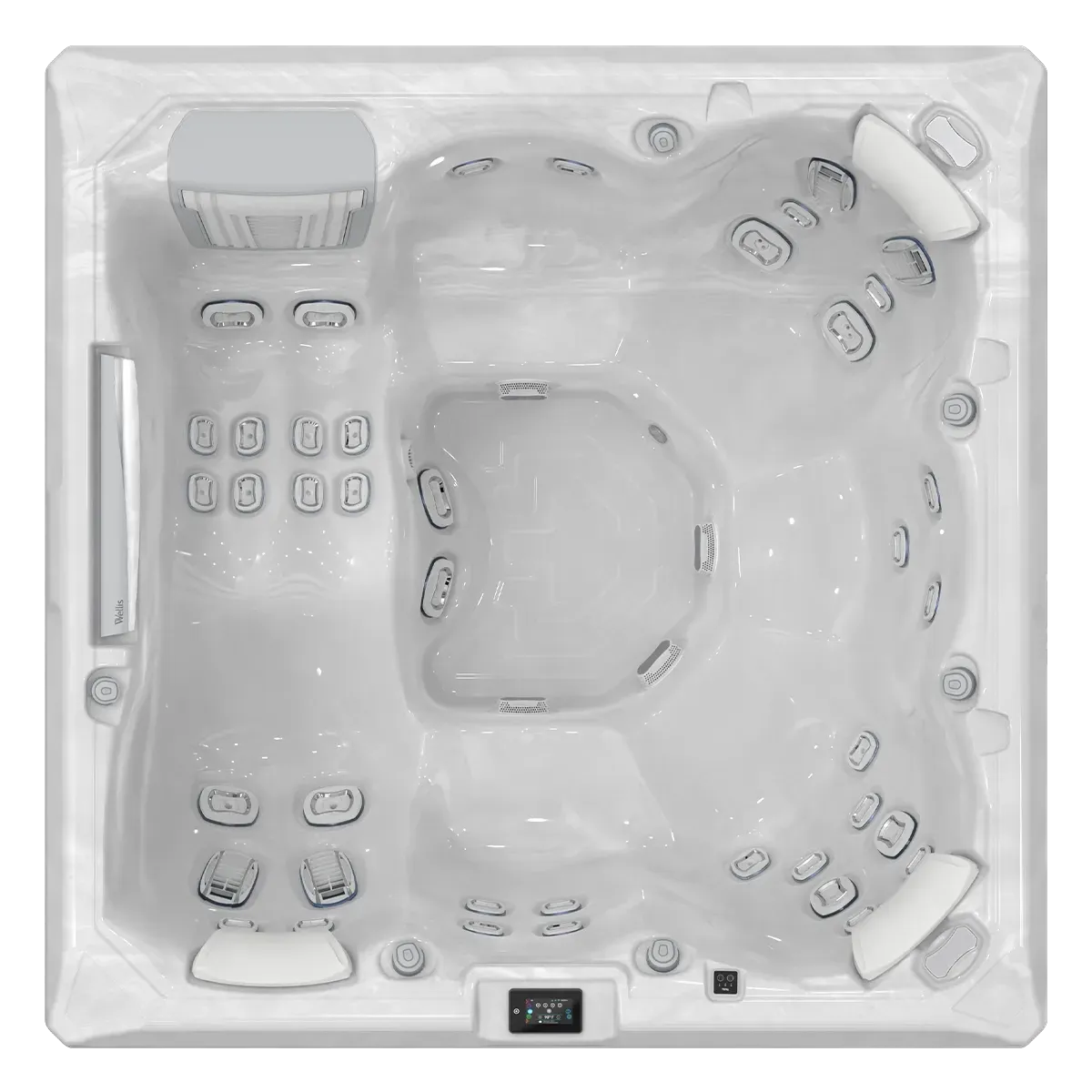 Overhead view of a white hot tub with multiple seats, jets, and a control panel.
