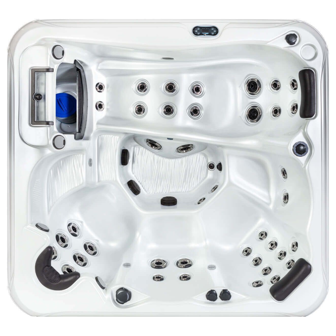 Top-down view of a white rectangular hot tub featuring multiple seats, molded headrests, and numerous water jets.