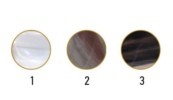 Three circular mother-of-pearl buttons with varying colors: white, tan, and black.