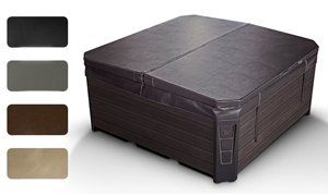 Hot tub with brown cover and color swatches: black, gray, brown, beige.
