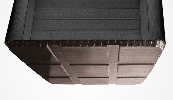 Brown and gray wooden planter box, low-angle perspective.
