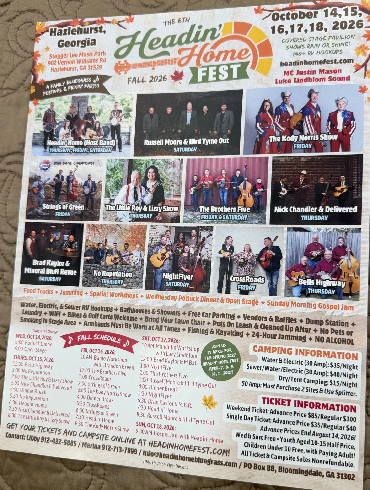 Headin' Home Fest poster: Bluegrass music festival in Hazlehurst, Georgia, with band lineups, dates, and ticket information.