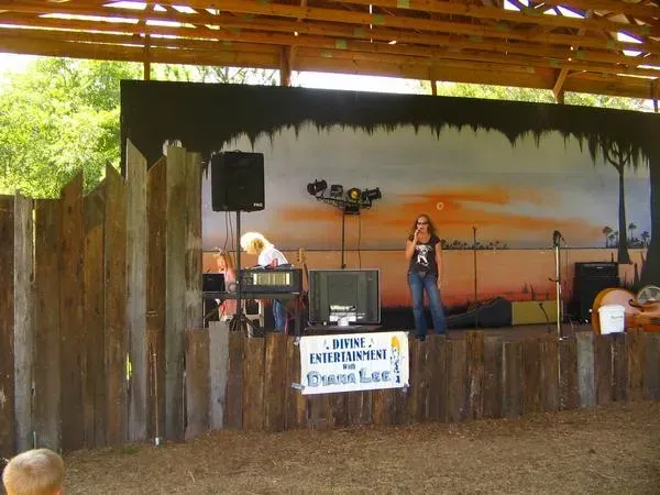 A woman stands on a stage with a sign that says ' home entertainment ' on it
