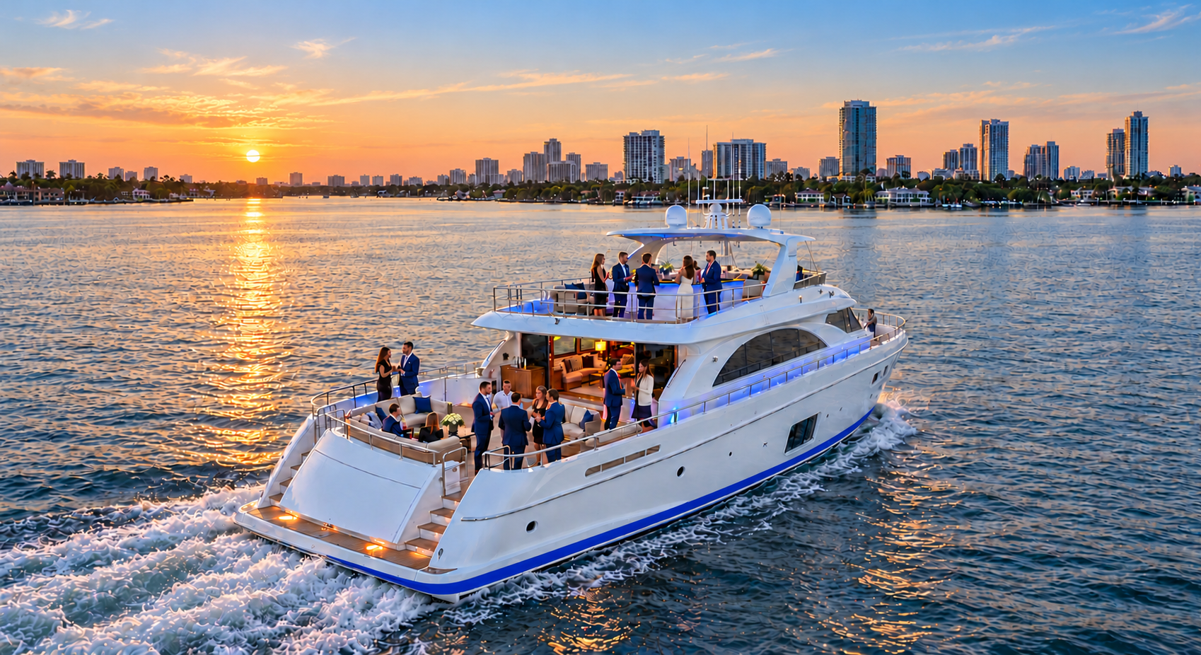 Illustrative yacht gathering at sunset with a city skyline