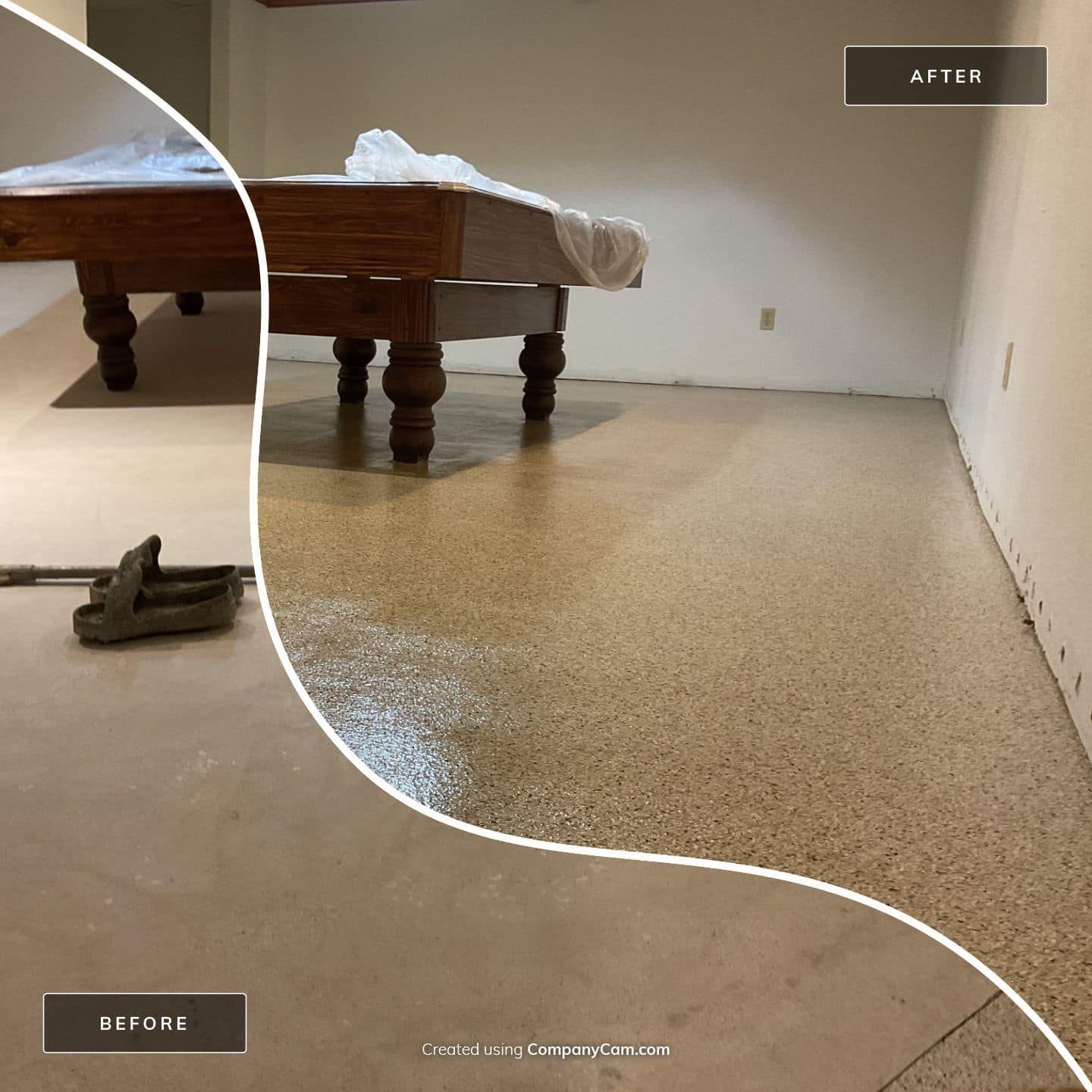 A before and after photo of a pool table
