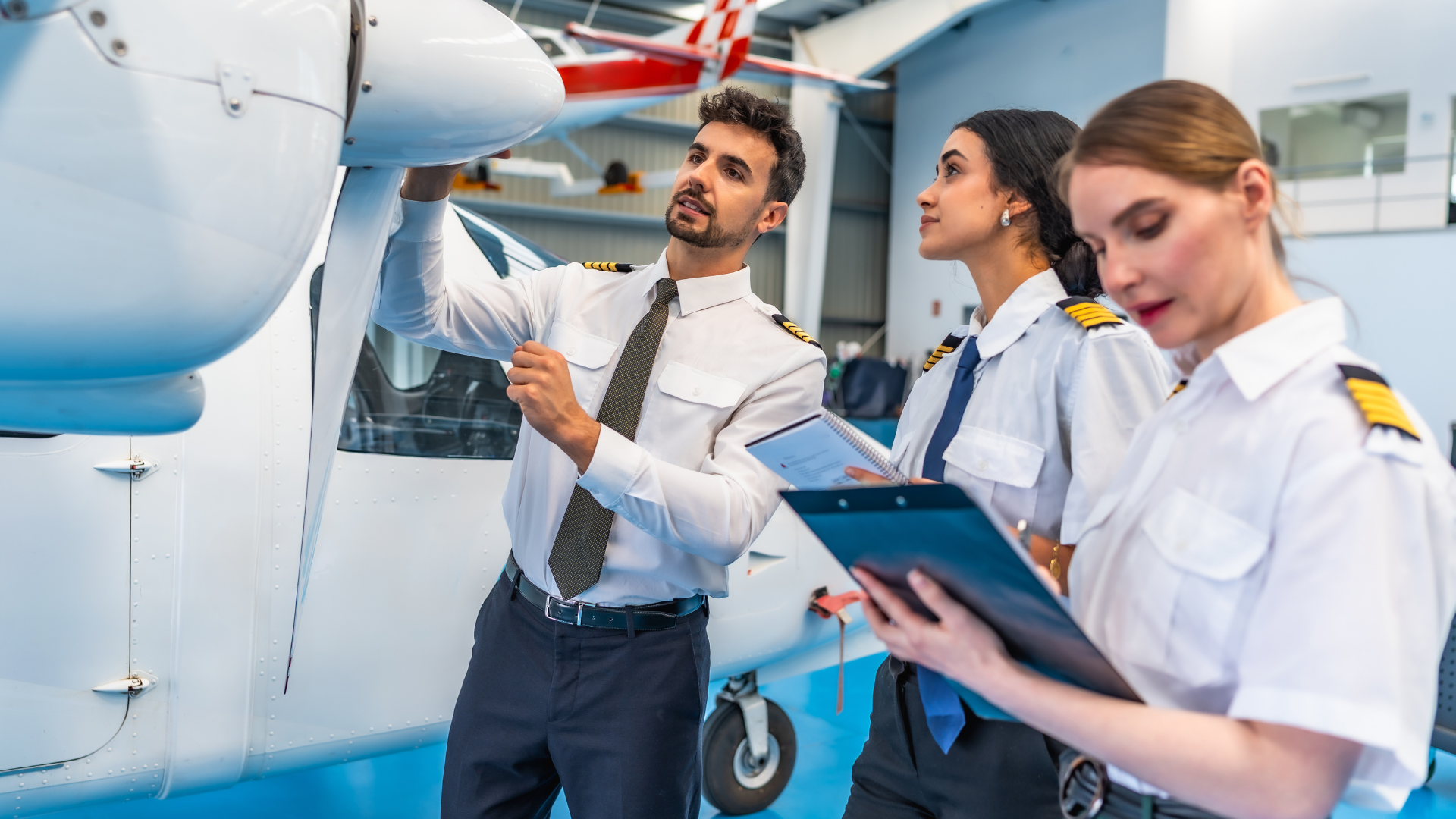 Three airline crew members review a plane’s exterior checklist beside a jet on the tarmac.
