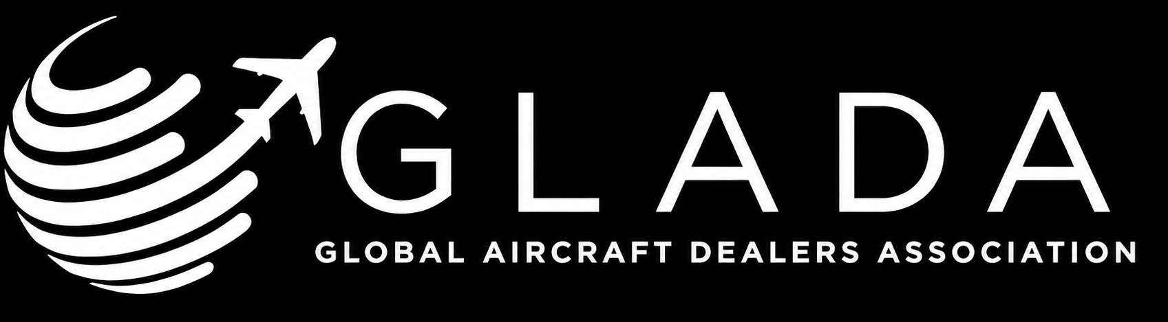 GLADA logo with white globe-and-plane icon and text on a black background