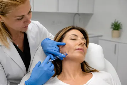 A clinician injects filler into a patient's cheek in a bright medical clinic.