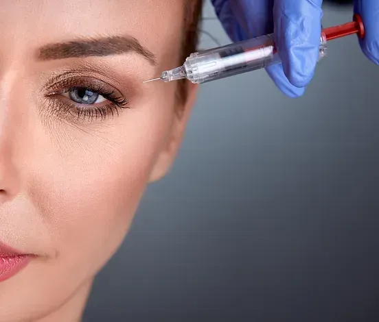 A person receiving an injection to their brow with a syringe. Blue surgical glove and gray background.