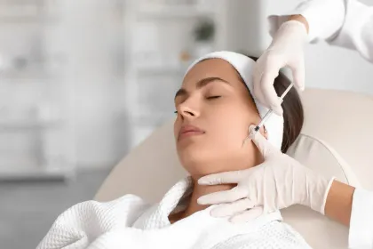 A person receives a facial treatment while lying on a spa bed, with gloved hands applying a device to the face.