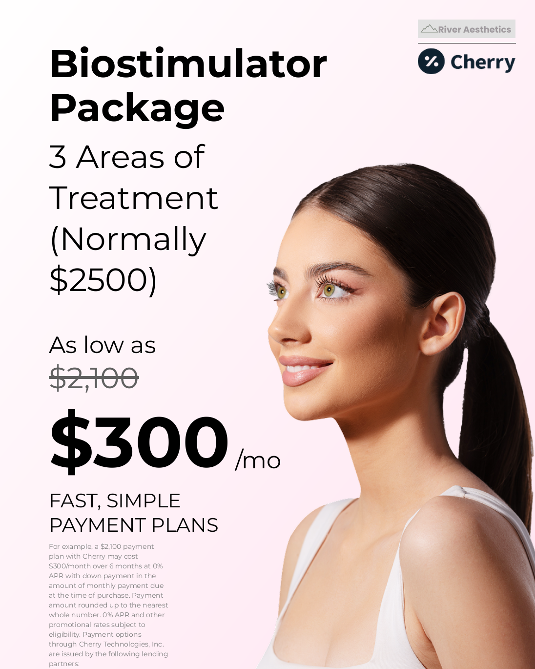 Biostimulator package ad with a woman’s portrait, $300/mo fast simple payment plans, on a light pink background
