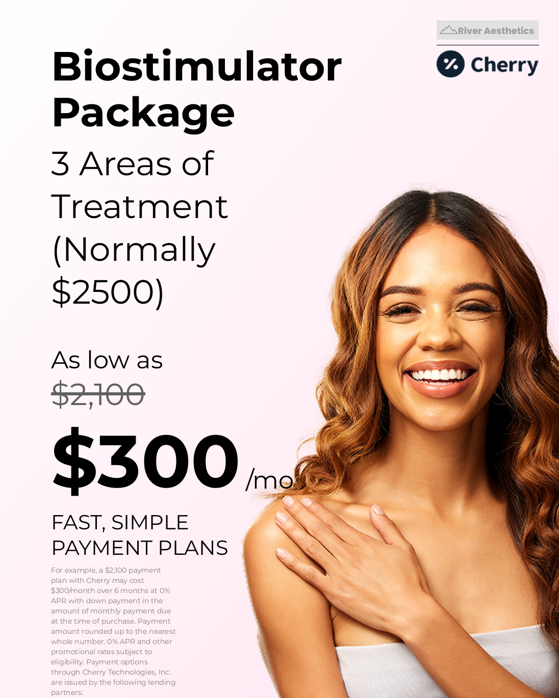Biostimulator package ad with smiling woman and $300 monthly payment on a pink background