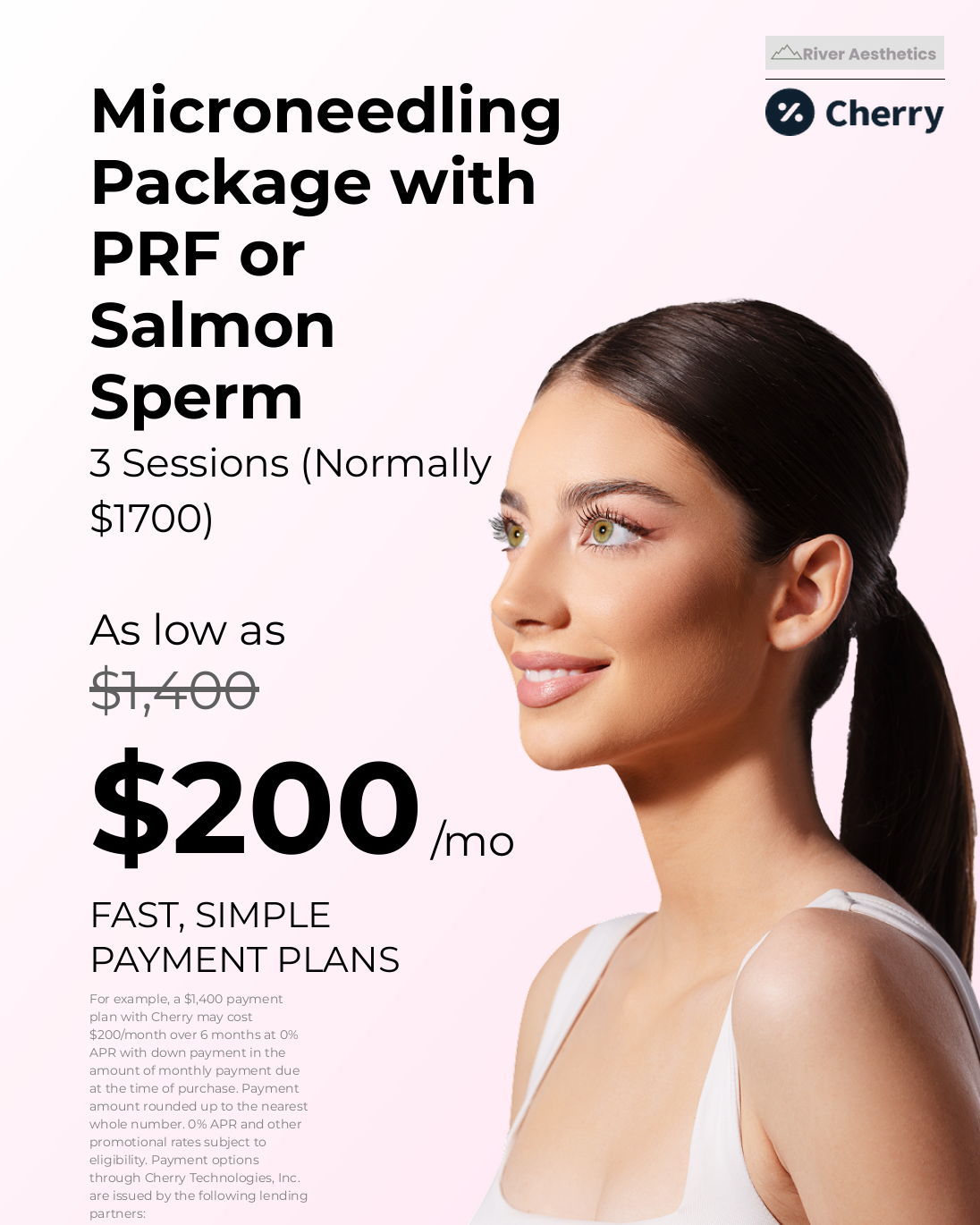 Microneedling promo with smiling woman, pink background, and $200/mo payment plan offer