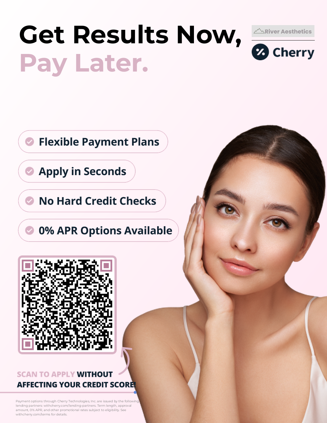 Cherry payment ad with “Get Results Now, Pay Later,” QR code, and woman on pink background