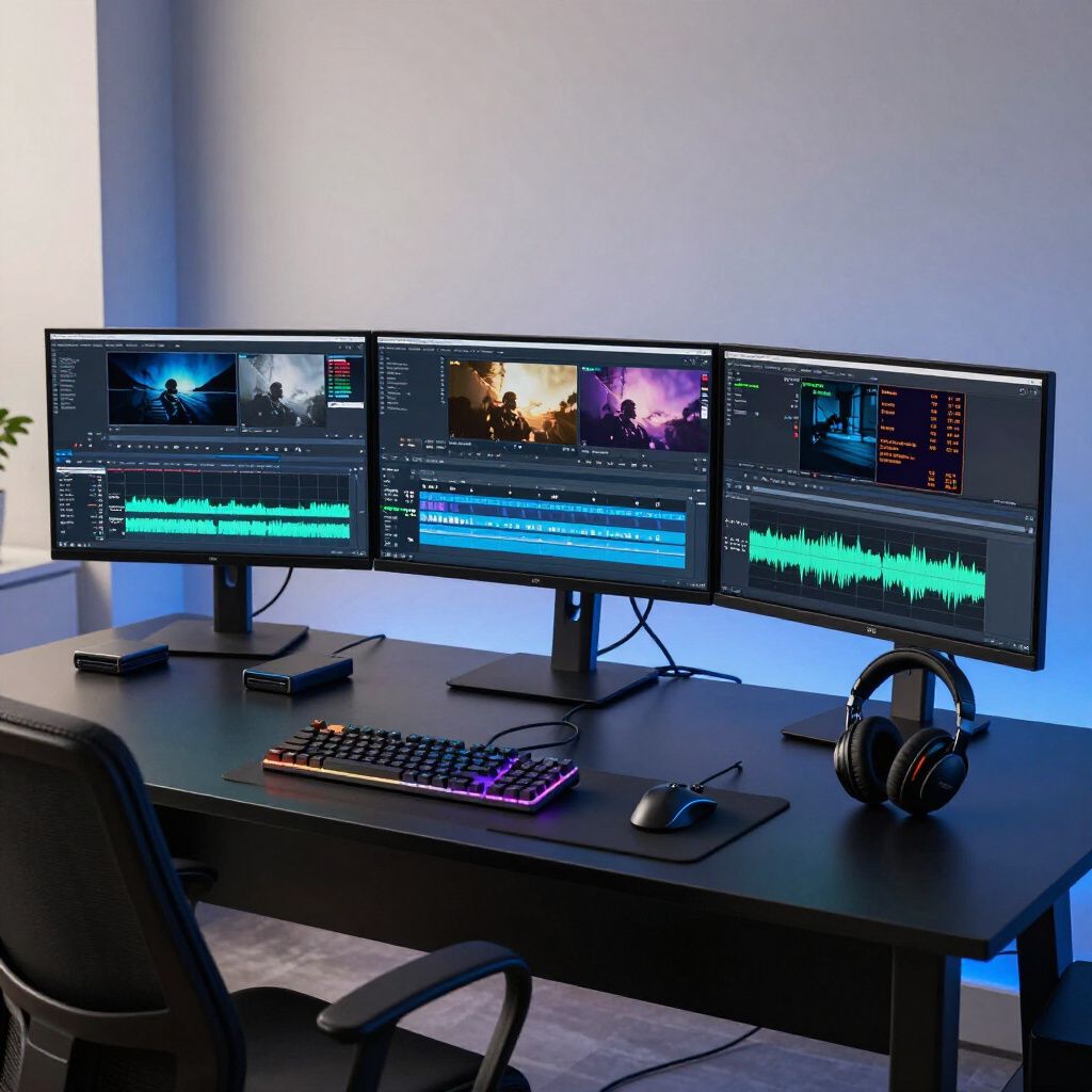 Modern editing desk with three monitors, keyboard, mouse, headphones, and a chair in a sleek workspace