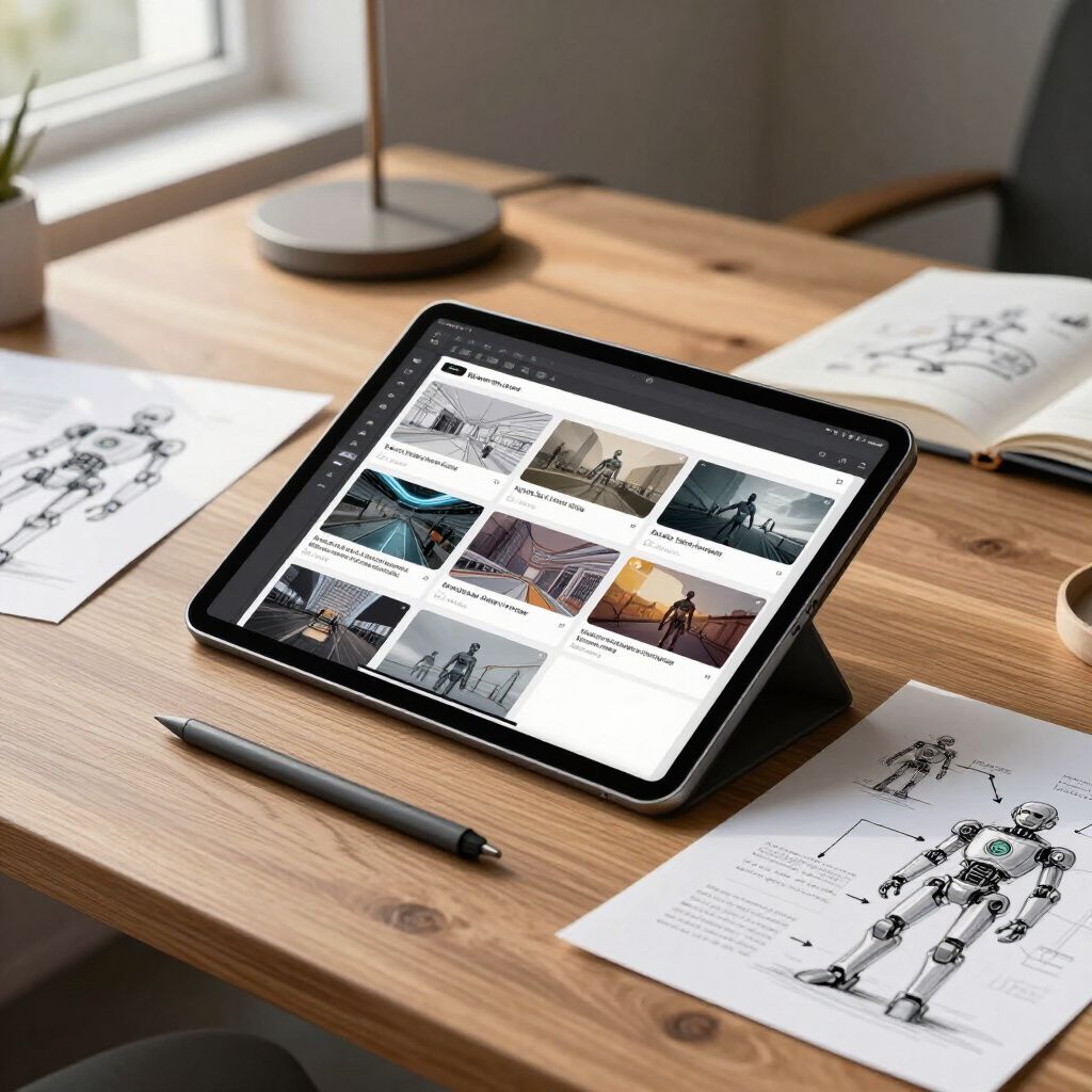 Desk with tablet displaying a website, sketch papers, pen, and an open notebook in a bright workspace