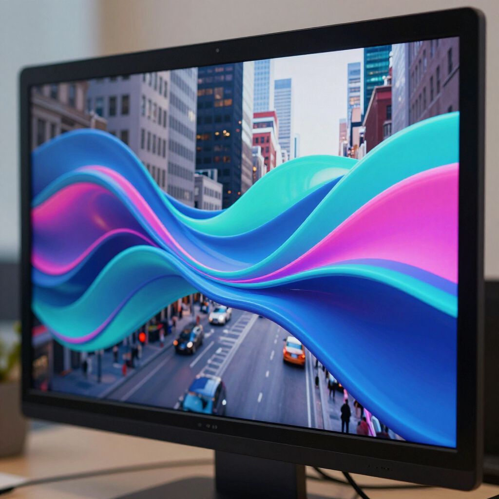 A monitor displaying abstract blue, pink, and purple waves over a city street scene