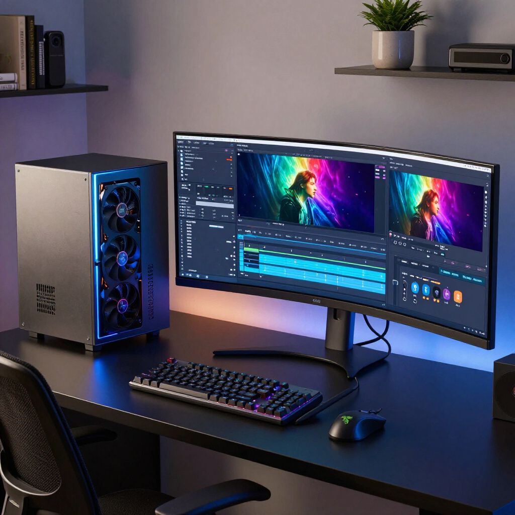 Modern desktop setup with curved monitor, RGB-lit PC tower, keyboard, and mouse on a black desk