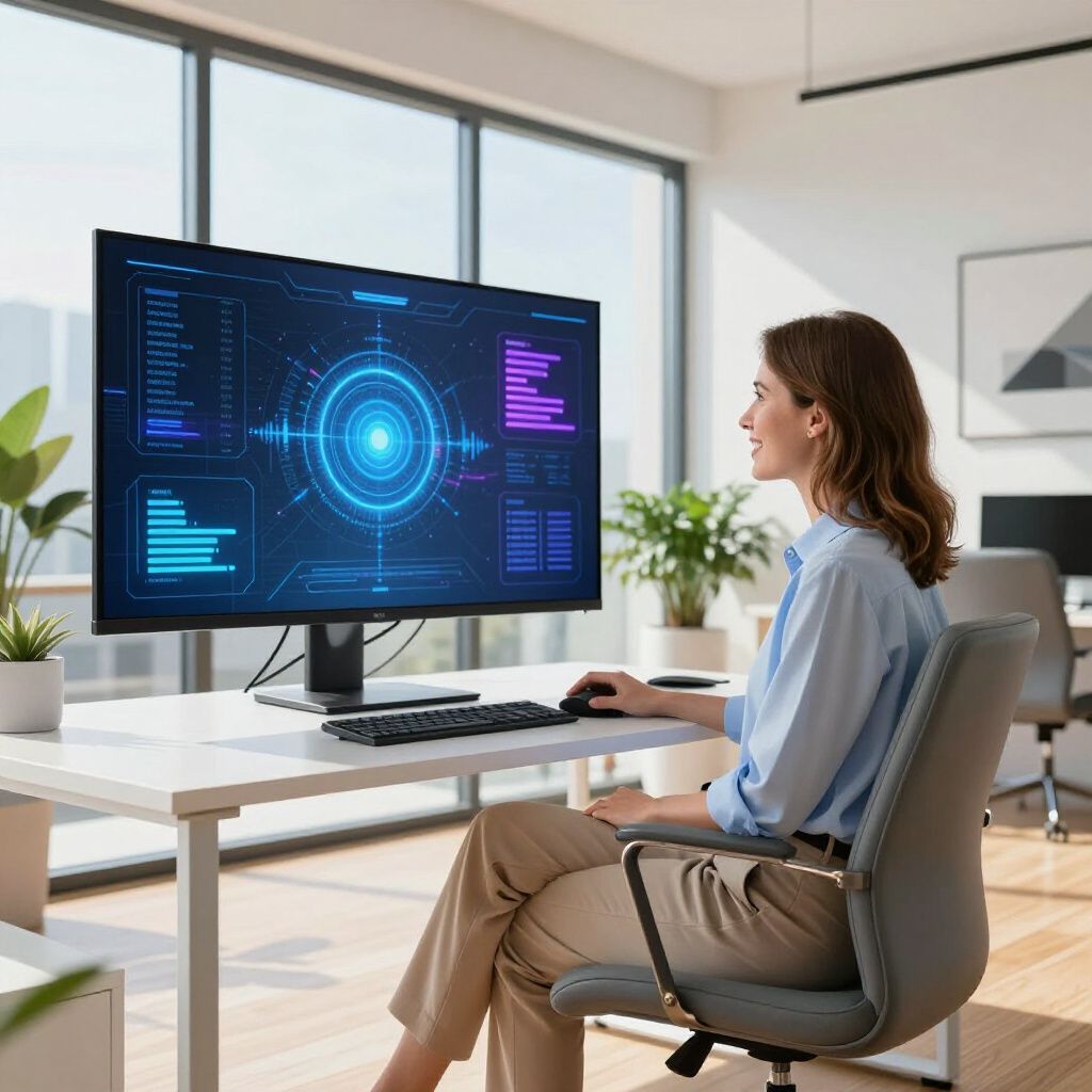 Woman working at a desk in a bright office, viewing a large monitor with a blue futuristic dashboard.
