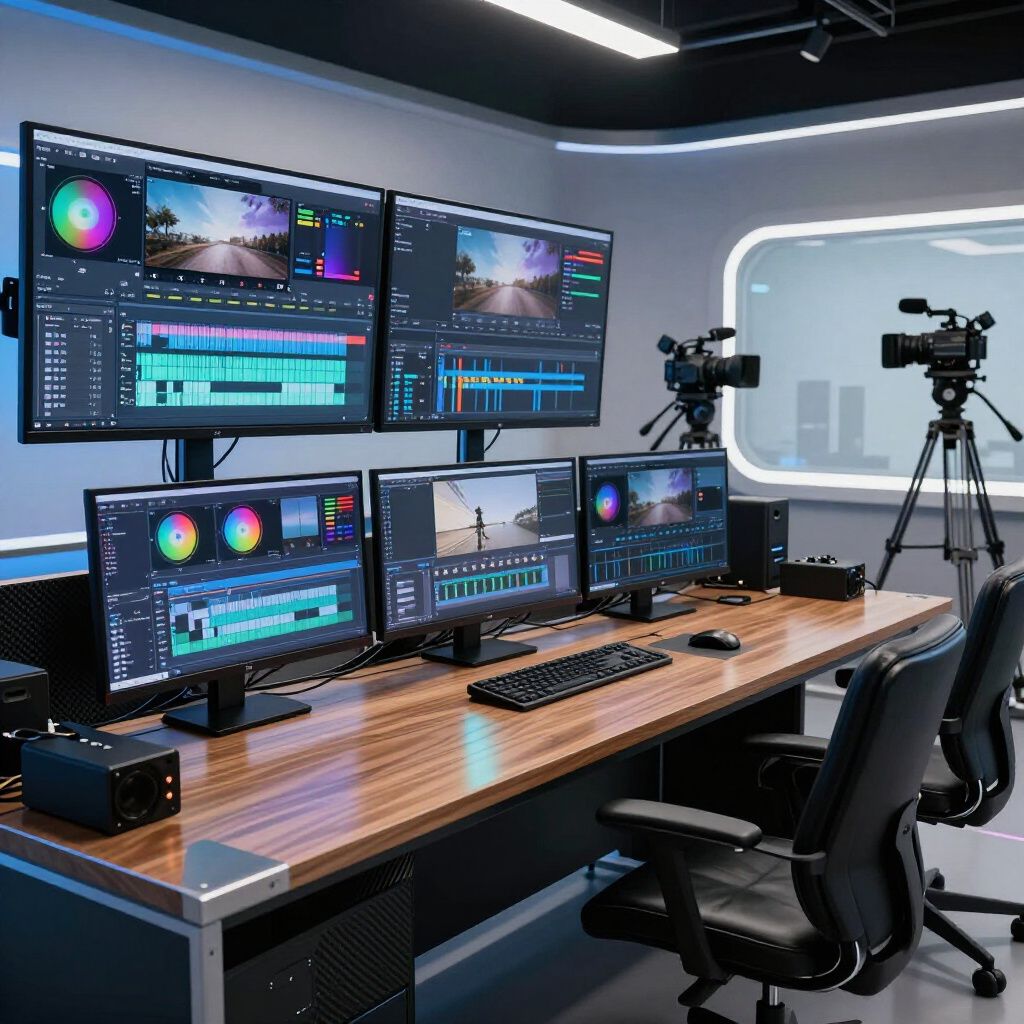 Modern editing studio with multiple monitors, dual cameras, and a desk setup under blue accent lighting