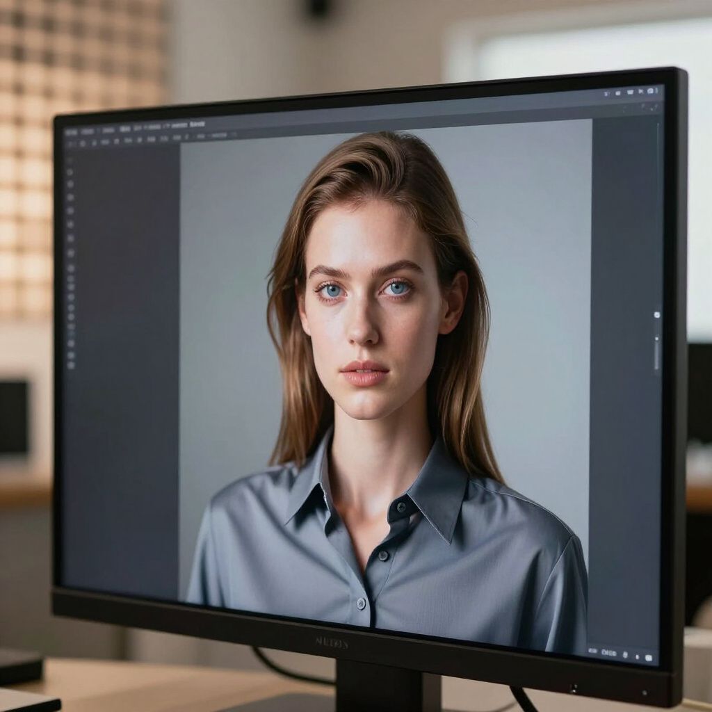 Portrait photo of a woman displayed on a desktop monitor in a photo-editing app