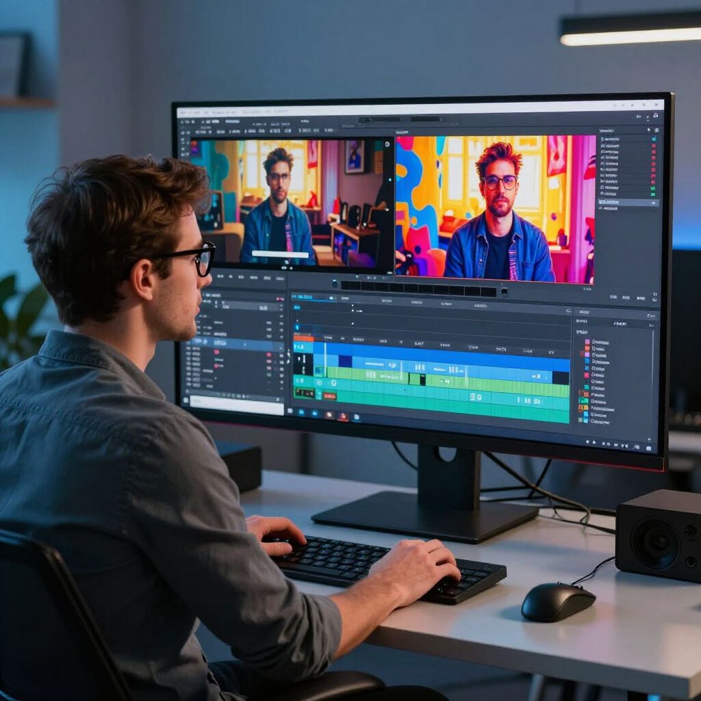 Person editing a video on a large monitor in a dim office, with colorful clips and timeline visible