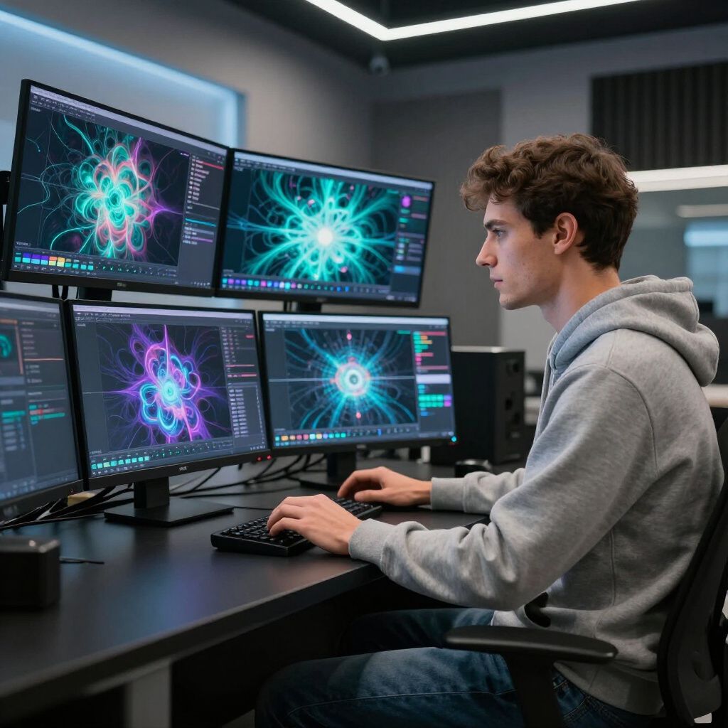 Person working at a desk with four glowing monitors displaying colorful neural network graphics
