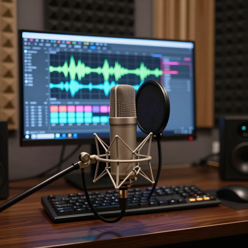 Podcast recording setup with microphone, pop filter, monitor, and audio editing waveform on screen
