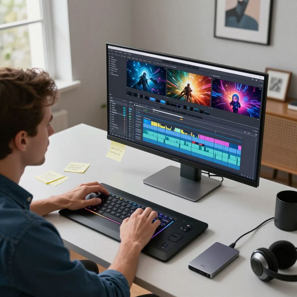 Person editing video on a desktop computer in a bright home office, with timeline and clip thumbnails visible