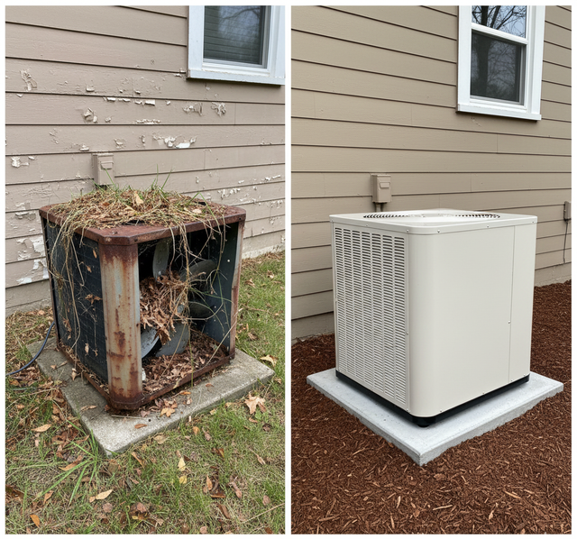 Before and after of an AC unit. Old, rusty unit with debris, next to a new, white unit on a concrete pad.