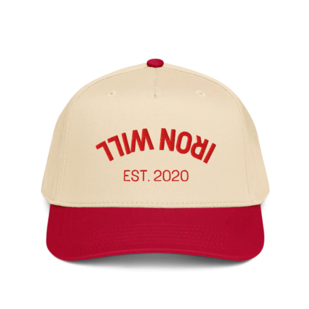 Cream and red baseball cap with