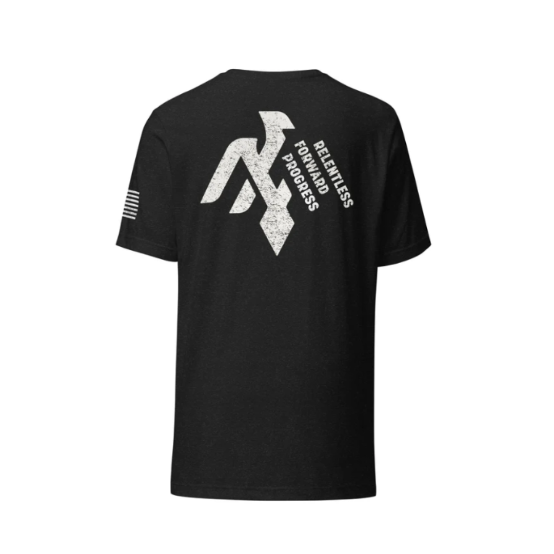 Black t-shirt with a white logo on the back that has the words