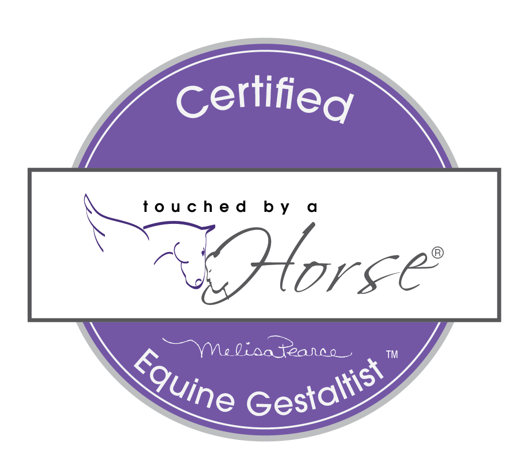 Certified Equine Gestaltist purple logo with “touched by a Horse” text and horse outline