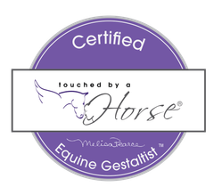 Purple “Certified Equine Gestaltist” badge with “Touched by a Horse” logo and horse outline