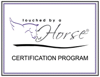 Touched by a Horse certification program logo with horse outline and black text on a white background