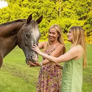 Two women petting a gray horse in a green field