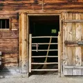 Rustic wooden barn with open doorway and a slanted gate inside