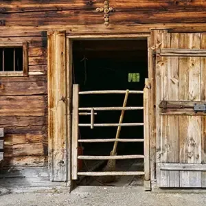 Rustic wooden barn with open doorway and a slanted gate inside