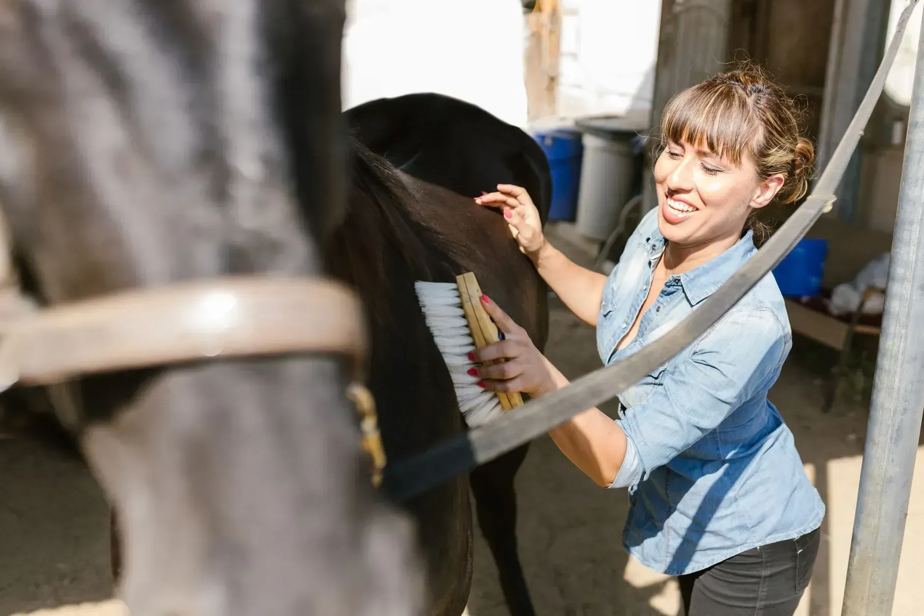Person smiling while brushing a horse in a stable area