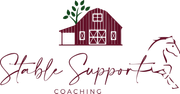 Stable Support Coaching logo with maroon barn, horse outline, and script text on white background